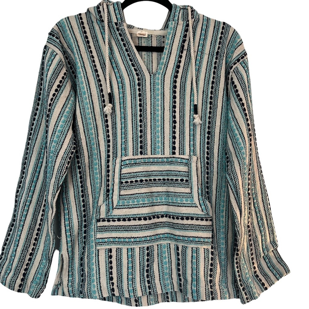 Woman’s Woven Knit 100% Cotton Blue & White Size Large Baja Stripped Sweater